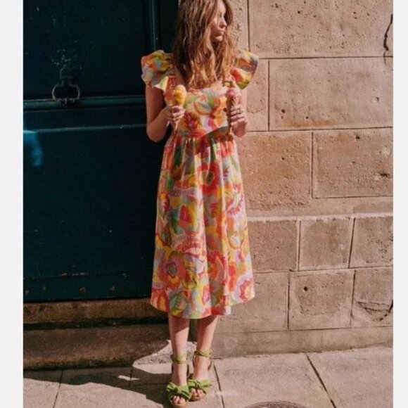 *NEW Sezane Melville Dress in Seventies Tie Back Ruffled Sleeve (Flaw) - Picture 5 of 9